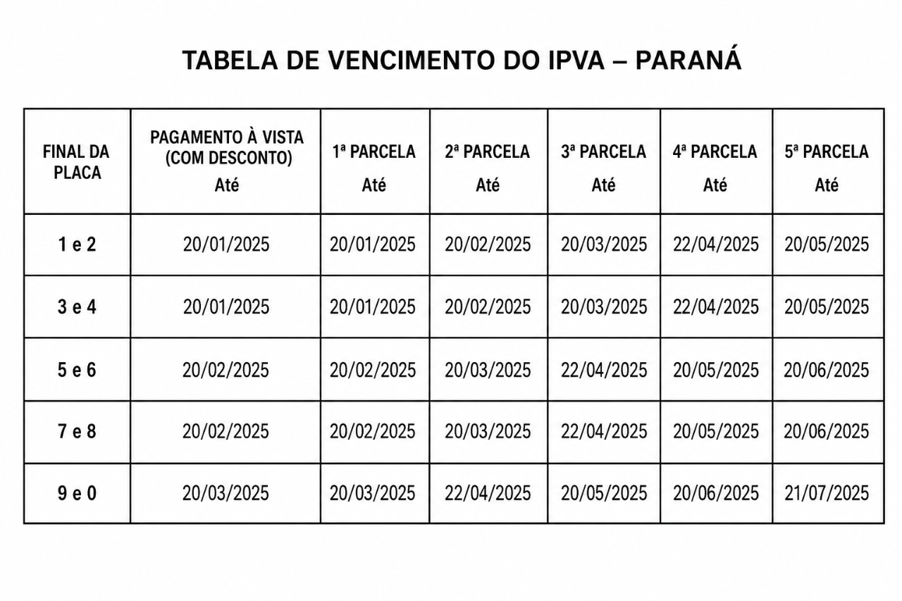 Tabela de vencimento do IPVA do Paraná por final de placa